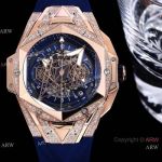 Japan Grade Hublot Sang Bleu II Rose Gold Blue Chrono Watch set Diamonds